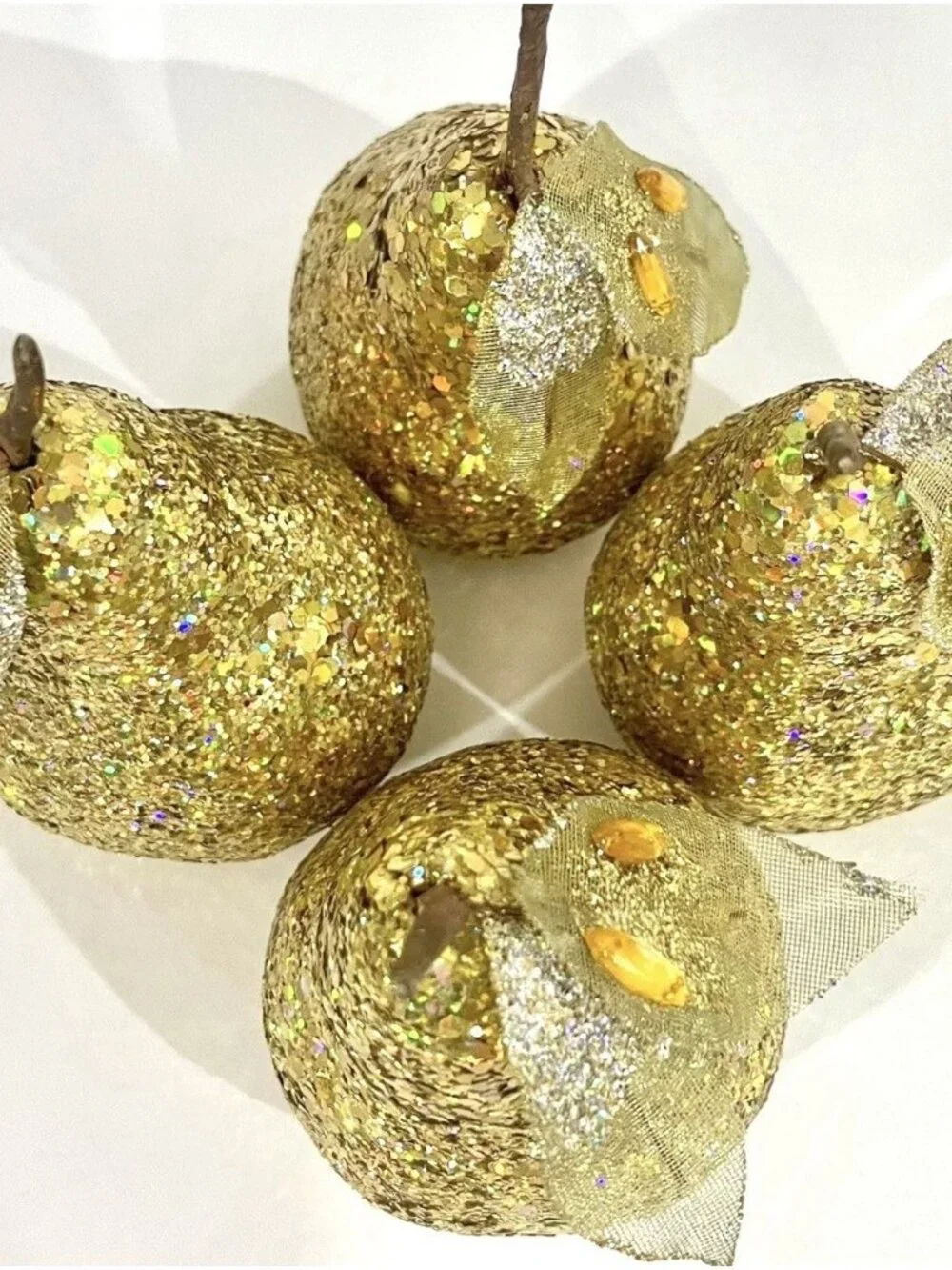 4 Sequin Gold Pear Faux Fruit Jewel Glitter Leaves Decorative Holiday Decor 5”